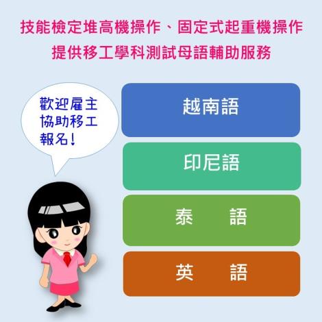 1090428勞動部勞動力發展署新聞稿(附圖)_技能檢定堆高機操作、固定式起重機操作職類提供移工學科測試母語輔助服務。