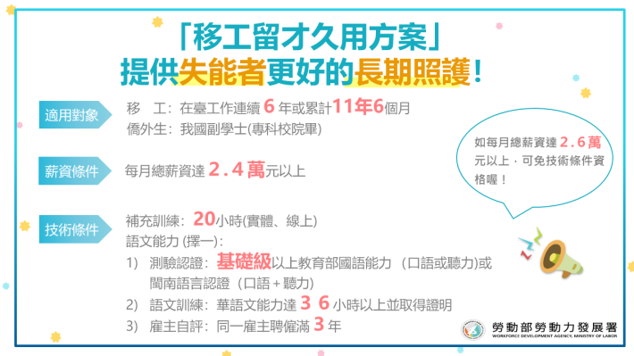 1120427勞動部勞動力發展署新聞稿(附圖)_「移工留才久用方案」，提供失能者更好的長期照護