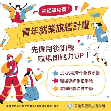 1140410勞動力發展署新聞稿(附圖1)_勞動部推動青年就業旗艦計畫，15至29歲青年免費參訓，提升技能還能累積職場履歷。