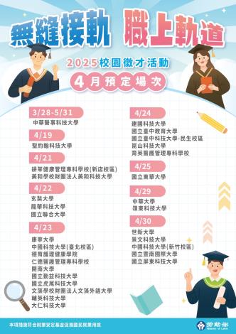 1140415勞動部勞動力發展署新聞稿(附圖1)_2025校園徵才活動4月預定場次。