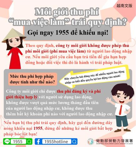 1141224勞動力發展署新聞稿(附圖4)_仲介違法超收買工費 立即撥打1955申訴(越南文)