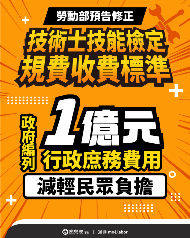 附圖_勞動部預告修正技術士技能檢定規費收費標準 政府編列1億元行政庶務費用減輕民眾