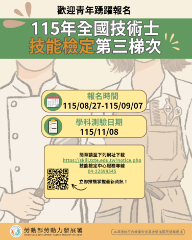 1150826勞動力發展署新聞稿(附圖)_歡迎青年踴躍報名 115年全國技術士技能檢定第三梯次