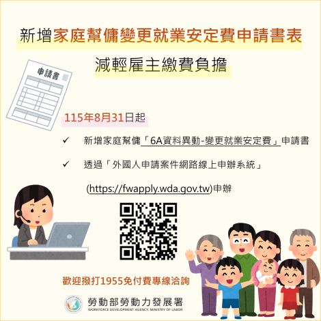 1150831勞動力發展署新聞稿(附圖)_新增家庭幫傭變更就業安定費申請書表 減輕雇主繳費負擔